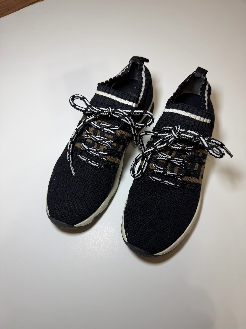FENDI Black Knit Lace-Up Athletic Sneakers White Trim women's (size 39)